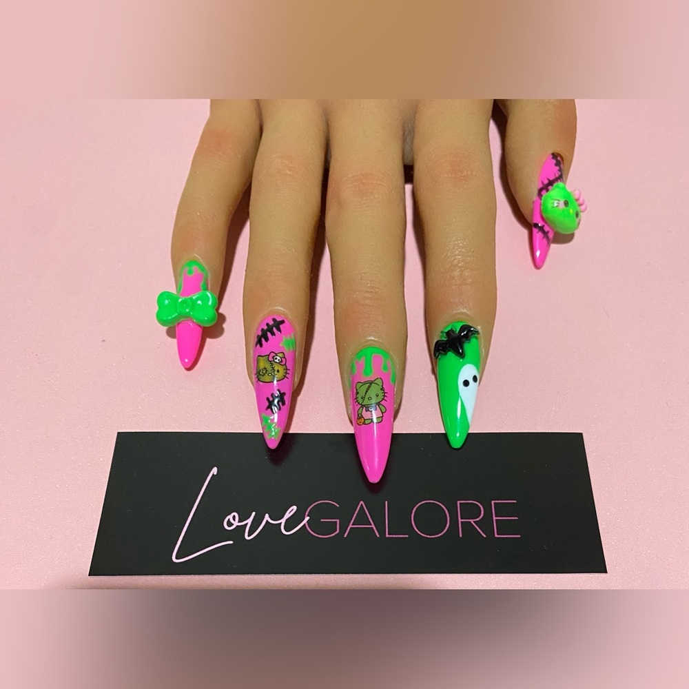 Hand crafted Frankenstein Hello Kitty theme Medium Stiletto Love Galore PressOns